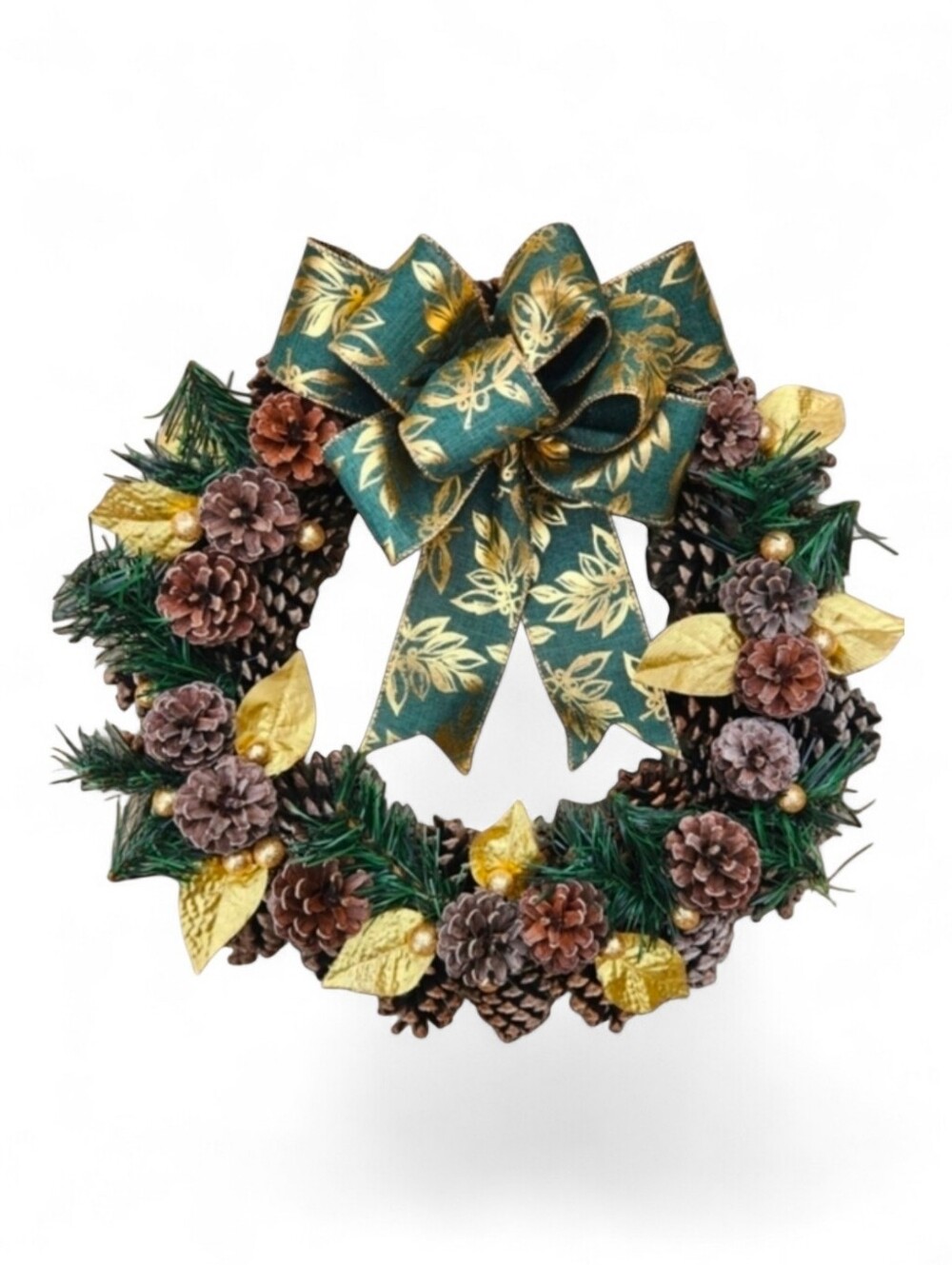 Pinecone Wreath with Pine Sprigs & Gold Leaves